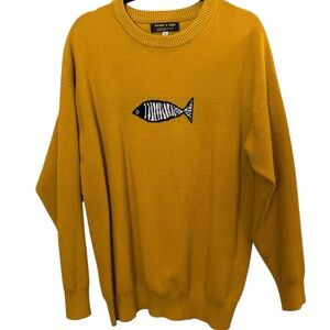 Aikawa’s Tree Cotton Mustard Crewneck Sweater with Fish Design sz XXL